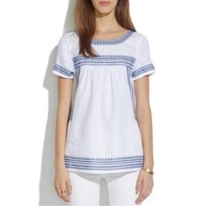 Madewell Folktale White Linen Embroidered Short Sleeve Blouse XS